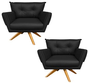 Kit 02 Poltronas Giratória Anitta Corino Base Madeira MA30 D03 - D'Rossi - Preto