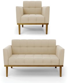 Namoradeira com Poltrona Base de Madeira Castanho Elisa Suede D03 - D'Rossi - Bege