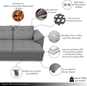 Sofá Retrátil Elétrico Sala de Estar Nolan Bipartido 332cm Conforto Premium em Couro Cinza G58 - Gran Belo