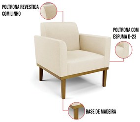 Kit 2 Poltronas Base de Madeira Fixa Castanho Marisa Linho Bege A19 D03 - D'Rossi