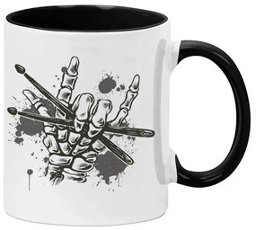Caneca Caveira Rock Baquetas Branca com Alça Preta