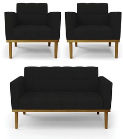 Conjunto 2 Poltronas e 1 Namoradeira Decorativa Karen Pés Fixo em Madeira Castanho Linho Preto G19 - Gran Belo