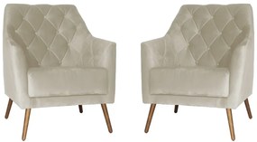 Kit 2 Poltronas Atena Decorativa Botonê Pés Palito Veludo Bege