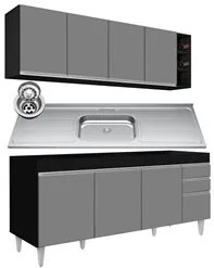 Armário Aéreo Nevada e Balcão Gabinete 180cm Com Pia Dallas Preto/Cinz