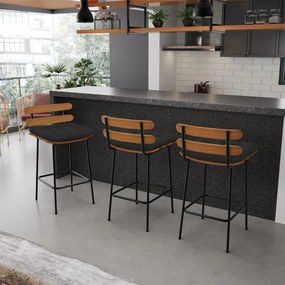 Banqueta Costela Veludo Preto Base Metálica Preto - D'Rossi