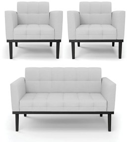 Conjunto 2 Poltronas e 1 Namoradeira Decorativa Karen Pés Fixo em Madeira Preto Linho Cinza G19 - Gran Belo