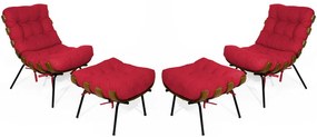 Kit 2 Poltronas Costela Com 2 Puff Costela Suede Vermelho
