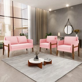 Kit 1 Sofá Namoradeira e 2 Poltronas Lana Suede Rosa Bebê Base de Madeira - D'Rossi