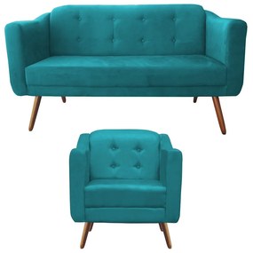 Kit Sofá Namoradeira + Poltrona Bruna Suede Azul Tiffany Pé Palito