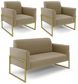 Sofá Namoradeira com 2 Poltronas Base Industrial Alta Dourado Marisa Suede D03 - D'Rossi - Marrom Rato