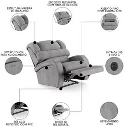 Poltrona do Papai Reclinável Kalie Power Touch USB FH9 Linho Cinza - M