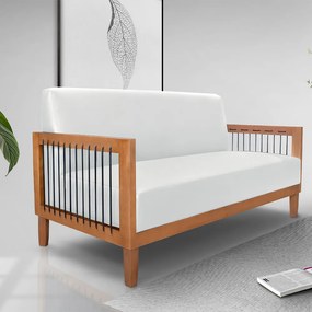 Sofá Namoradeira 2 Lugares Sala de Estar Pés Madeira Maciça Corda Náutica Preta 160cm Manila PU Branco G63 - Gran Belo