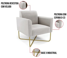 Poltrona Base X Industrial Dourado Marisa Veludo D03 - D'Rossi - Cinza