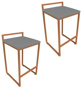 Conjunto 02 Banqueta Alta Industrial Pietra Suede Grafite Base Cobre D'Rossi