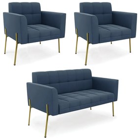 Sofá Namoradeira e 2 Poltronas Pé de Ferro Dourado Elisa Suede D03 - D'Rossi - Azul Marinho