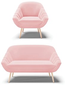 Kit 01 Namoradeira 02 Lugares e 01 Poltrona Giovana Suede Pés Palito Natural - D'Rossi - Rosa Bebê