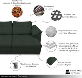 Sofá Retrátil Manual Sala de Estar Nolan Bipartido 297cm Conforto Premium em Couro Verde G58 - Gran Belo