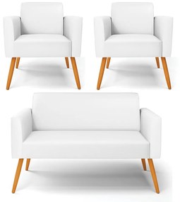 Sofá Namoradeira com 2 Poltronas Pés Palito Castanho Marisa Corino D03 - DRossi - Branco