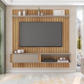 Painel TV 75 Pol 180cm Bancada Suspensa Ripado Eluni Buriti/Cinza C01 - D'Rossi