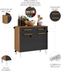 Balcão de Cozinha Com Tampo 91cm Hanna Atacama/Grafite A15   - Mpozena