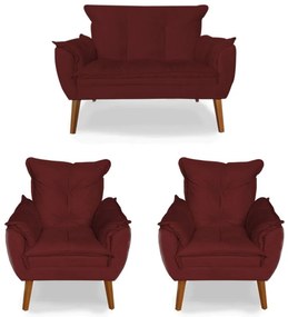 Kit 2 Poltronas 1 Namoradeira Apolo Pés Madeira Suede Bordô - Sheep Estofados - Vermelho escuro