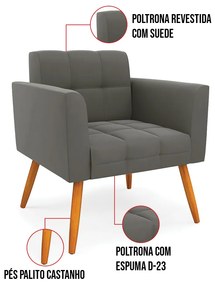 Kit 1 Sofá Namoradeira e 2 Poltronas Elisa Suede Pés Palito Castanho D03 - D'Rossi - Grafite