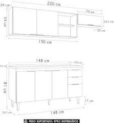 Armário de Cozinha Com Tampo CP03 220cm Pérola Preto Z34      - Mpozen