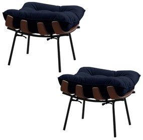 Kit 2 Puffs Decorativos Sala de Estar Abel Base de Madeira Preto Veludo Azul G41 - Gran Belo