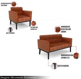 Conjunto Poltrona e Namoradeira Decorativa Karen Pés Fixo em Madeira Preto Pu Nozes G19 - Gran Belo