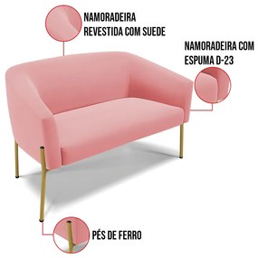 Sofá 2 Lugares Namoradeira Pé de Ferro Dourado Stella Suede Rosê D03 - D'Rossi