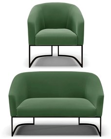 Sofá Namoradeira e Poltrona Base Industrial Preto Stella Suede D03 - D'Rossi - Verde