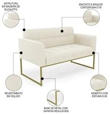 Sofá Namoradeira Base Industrial Dourado Ana Veludo Bege - Ibiza