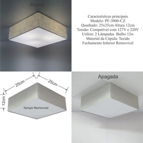 Plafon Quadrado Md-3000 Cúpula em Tecido 25x25cm Rústico Cinza - Bivolt