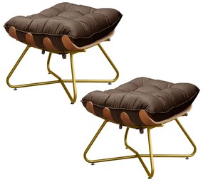Kit 2 Puffs Decorativos Sala de Estar Caim Base de Madeira Dourada Suede Marrom G41 - Gran Belo