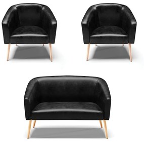 Namoradeira e 2 Poltronas Pé Palito Natural Stella Sintético PU Preto D03 - D'Rossi
