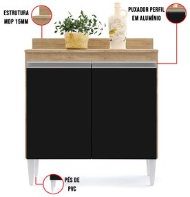 Balcão de Cozinha Lavanderia com Tampo 02 Portas Sara 80 cm L06 - D'Rossi - Castanho e Preto