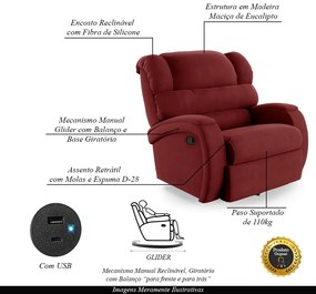 Poltrona do Papai Sala de Cinema Reclinável Kylie Glider Manual Giratória USB Veludo Vermelho G23