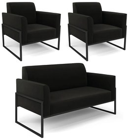Sofá Namoradeira com 2 Poltronas Base Industrial Alta Preto Marisa Suede D03 - D'Rossi - Preto