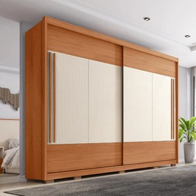 Guarda Roupa Casal Polônia Ripado com 2 Portas de Correr 6 Gavetas Ripado MDF Freijo/OffWhite/Sued G11 - Gran Belo