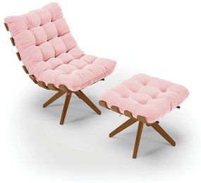 Poltrona com Puff Giratório Costela Suede Rosa Bebê Base de Madeira MA30 M11 - D'Rossi
