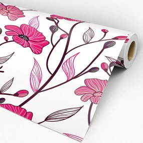 Papel de Parede Floral traçado rosa e amarelo