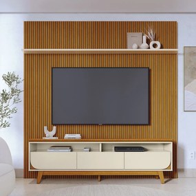 Conjunto Painel com Bancada Andrew 3 Gavetas MDP até 75 Cinamomo/OffWhite G97 - Gran Belo