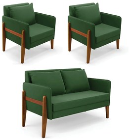 Kit 1 Sofá Namoradeira e 2 Poltronas Lana Suede Verde Base de Madeira - D'Rossi