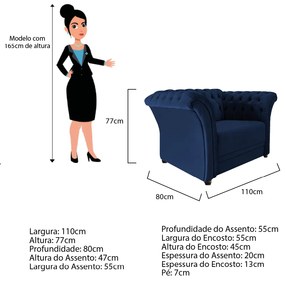Poltrona Decorativa Chesterfield Sofia Suede Azul Marinho - ADJ Decor