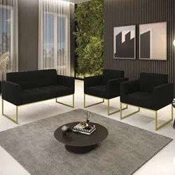 Sofá Namoradeira e 2 Poltronas Base Industrial Dourado Ana Suede Preto