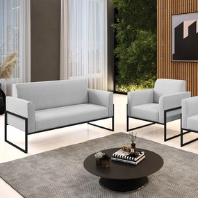 Sofá Namoradeira com Poltrona Base Industrial Alta Preto Marisa Linho - A05 Cinza