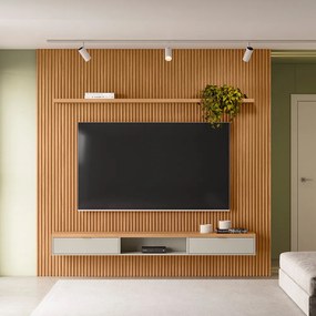 Painel para TV até 75 Polegadas Ripado Marisa com Nicho Bancada Nature e Off White 258x250 cm L04 - D'Rossi