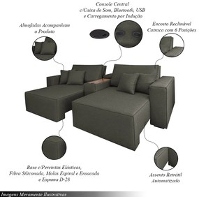 Sofá Decorativo Automatizado Shogun 232cm Reclinável 6 Posições Retrátil c/Console Central Entrada USB Bluetooth Linho Grafite G33 - Gran Belo