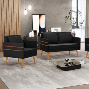 Kit 01 Namoradeira 02 Lugares e 01 Poltrona Mari Suede Preto Pés Palito Castanho - D'Rossi