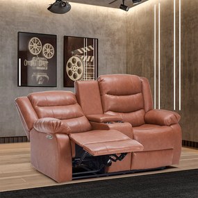 Poltrona Reclinável Elétrica Sala de Cinema Hollywood 2 Lugares com Massagem Aquecimento Baú Entrada USB/USB-C PU Caramelo G94 - Gran Belo